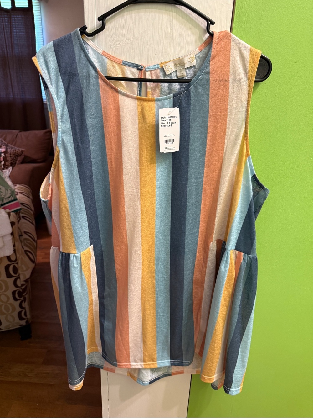 Suzanne Betro Multicolor Vertical Stripe Sleeveless Top - Blue/Peach/Yellow